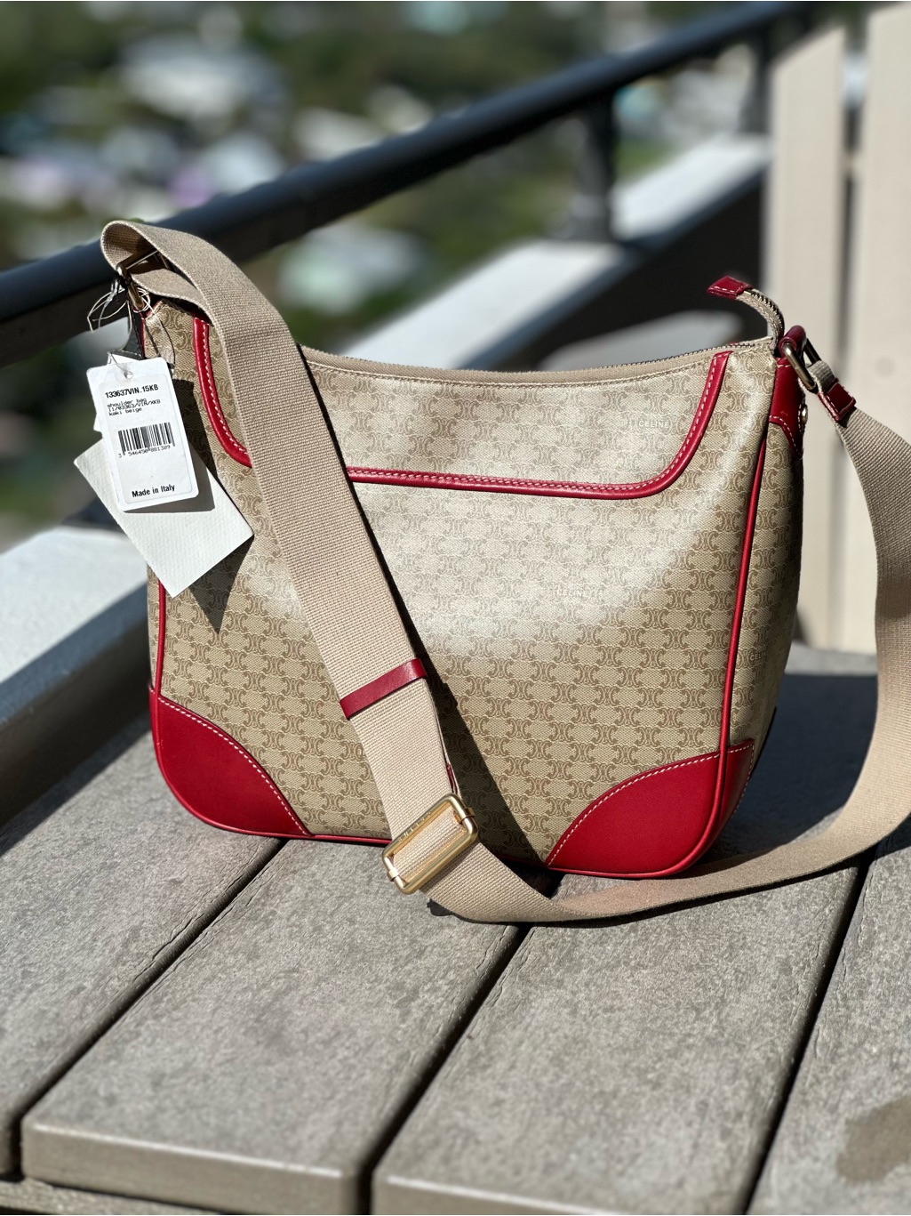 Nwt Celine Triomphe Canvas Messenger Crossbody | Beige & Red | Made In Italy